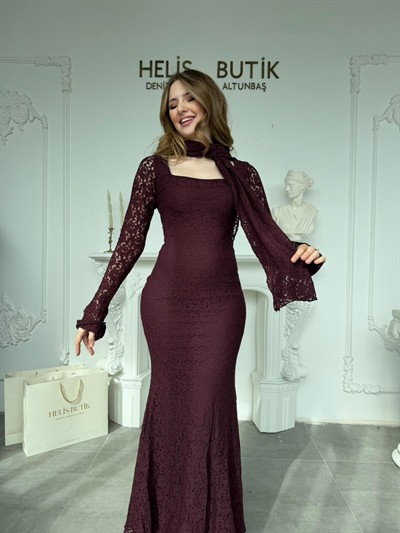 Fular Detaylı Kare Yaka Balık Kesim Dantel Elbise - Mürdüm