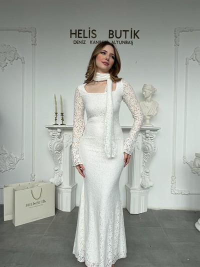 Fular Detaylı Kare Yaka Balık Kesim Dantel Elbise - Beyaz