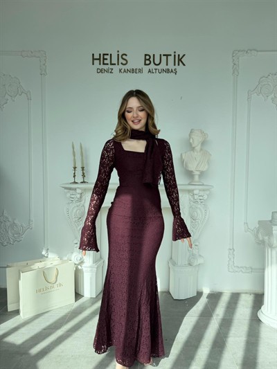 Fular Detaylı Kare Yaka Balık Kesim Dantel Elbise - Mürdüm