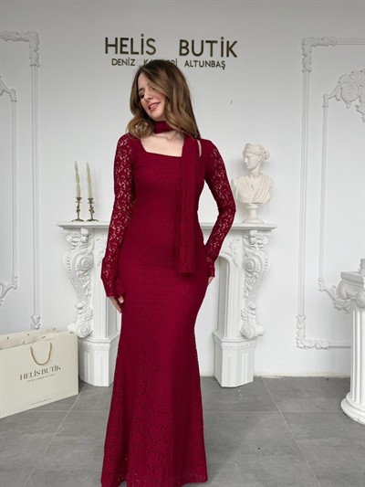 Fular Detaylı Kare Yaka Balık Kesim Dantel Elbise - Bordo