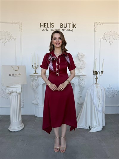 Fular Detaylı Saten Midi Boy Elbise - Bordo