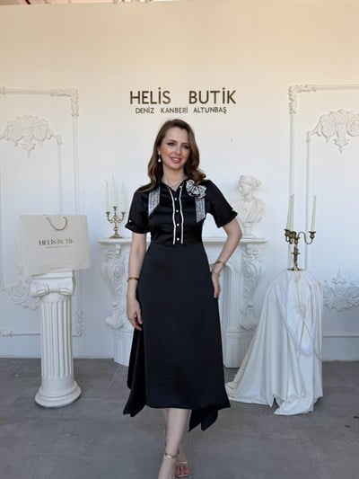 Fular Detaylı Saten Midi Boy Elbise - Siyah