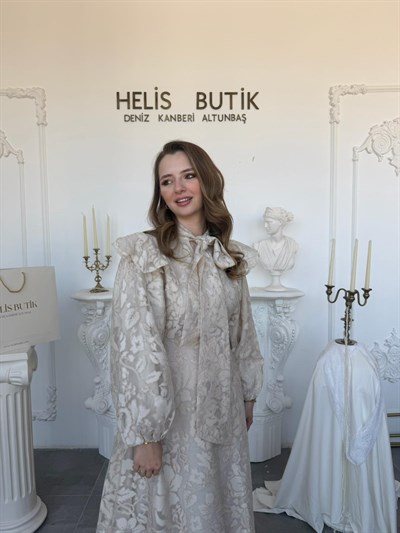Fular Yakalı Lazer Kesim İşlemeli Tül Elbise - Bej