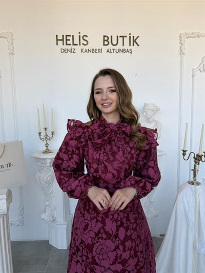 Fular Yakalı Lazer Kesim İşlemeli Tül Elbise - Bordo