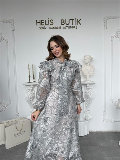 Fular Yakalı Lazer Kesim İşlemeli Tül Elbise - Siyah