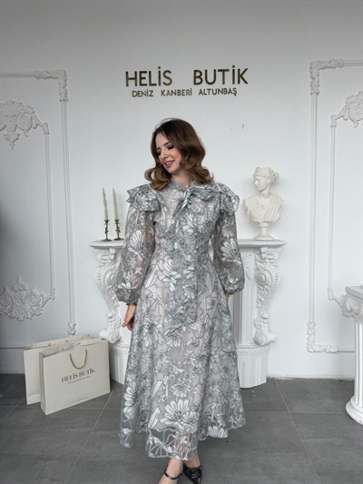 Fular Yakalı Lazer Kesim İşlemeli Tül Elbise - Siyah