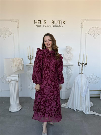 Fular Yakalı Lazer Kesim İşlemeli Tül Elbise - Bordo