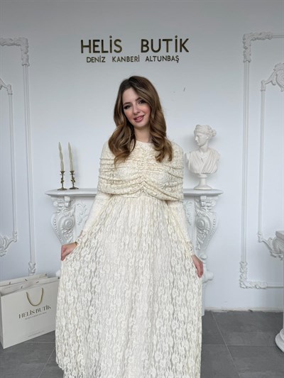 Giyilebilir Omuz Drapeli Dantel Maxi Elbise - Krem