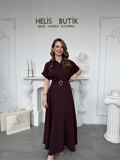 Gold Tokalı Kemerli Rahat Kesim Gömlek Elbise - Mürdüm