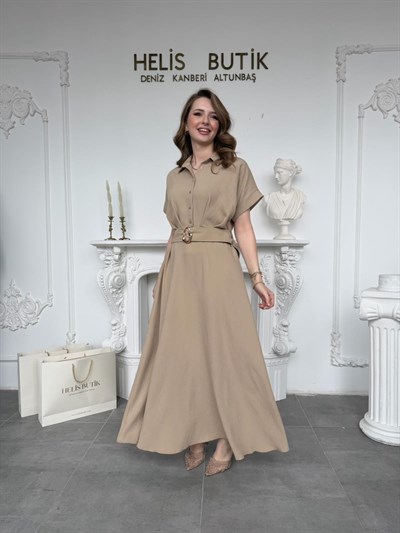 Gold Tokalı Kemerli Rahat Kesim Gömlek Elbise - Vizon