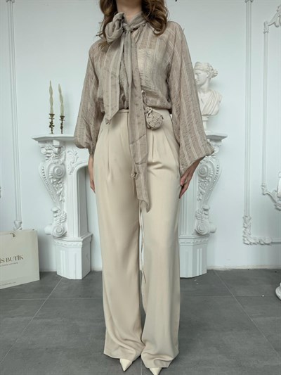 Gül Detaylı Yüksek Bel Palazzo Pantolon - Taş