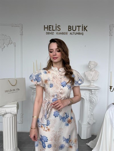 Hakim Yaka Karpuz Kol ve Çiçek İşlemeli Elbise