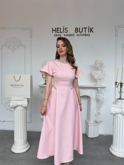 Helis Özel Tasarım Prenses Kesim Taş İşlemeli Abiye Elbise - Pembe