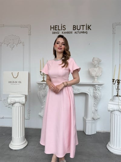 Helis Özel Tasarım Prenses Kesim Taş İşlemeli Abiye Elbise - Pembe