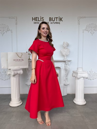 Helis Özel Tasarım Prenses Kesim Taş İşlemeli Abiye Elbise - Kırmızı