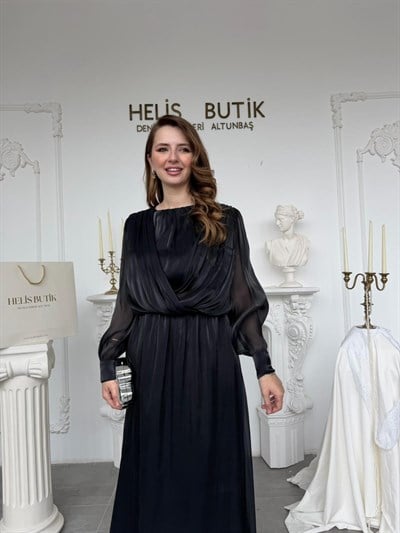 Işıltılı Siyah Şifon Bluz Etek Takım - Siyah