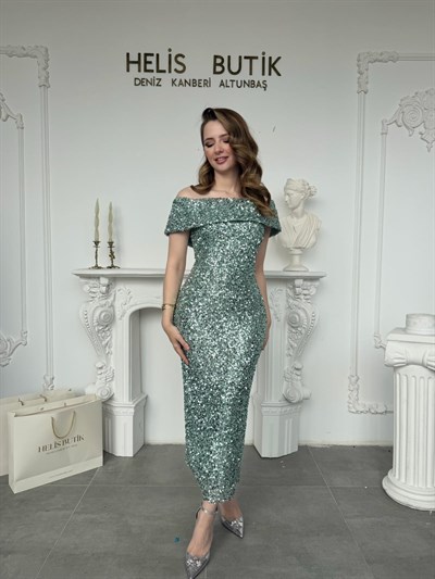Işıltılı Su Yeşili Payetli Kayık Yaka Abiye Elbise