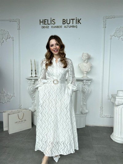 Jakarlı Kemer Detaylı Tam Boy Ekru Elbise