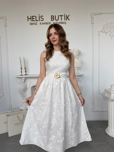 Kabartma Çiçekli 3D Brode Elbise - Ekru