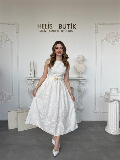 Kabartma Çiçekli 3D Brode Elbise - Ekru