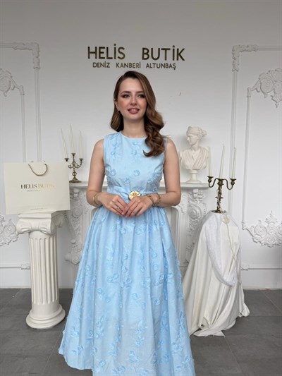 Kabartma Çiçekli 3D Brode Elbise - Mavi