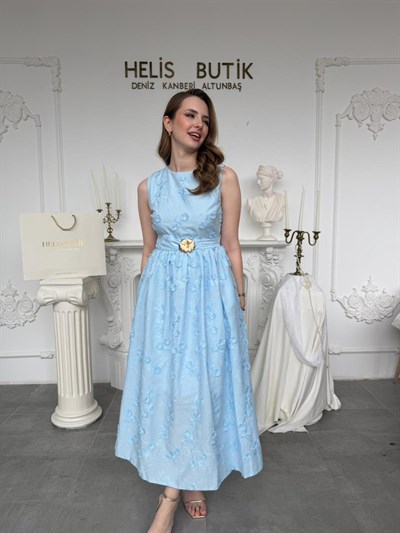 Kabartma Çiçekli 3D Brode Elbise - Mavi