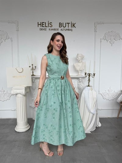 Kabartma Çiçekli 3D Brode Elbise - Mint