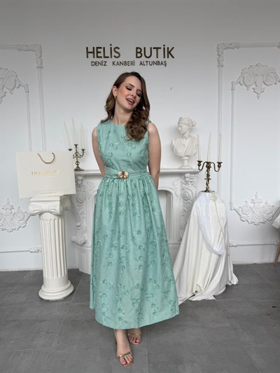 Kabartma Çiçekli 3D Brode Elbise - Mint
