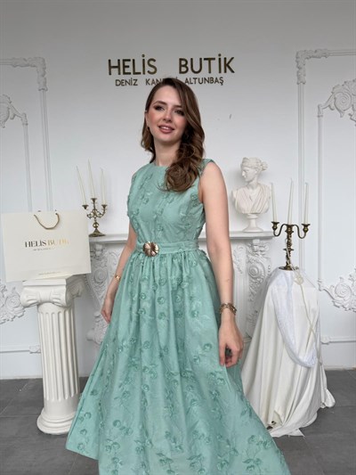 Kabartma Çiçekli 3D Brode Elbise - Mint