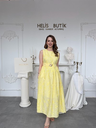 Kabartma Çiçekli 3D Brode Elbise - Sarı