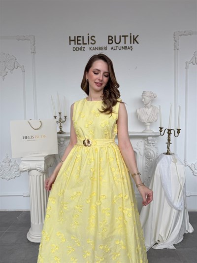 Kabartma Çiçekli 3D Brode Elbise - Sarı