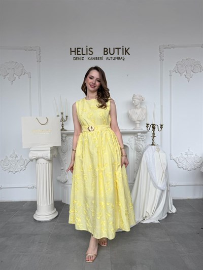 Kabartma Çiçekli 3D Brode Elbise - Sarı