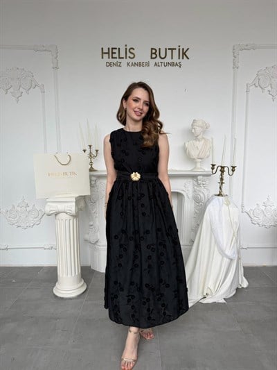 Kabartma Çiçekli 3D Brode Elbise - Siyah