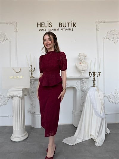 Kabartma Desenli Bluz Etek Takım - Bordo