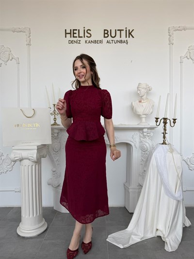 Kabartma Desenli Bluz Etek Takım - Bordo
