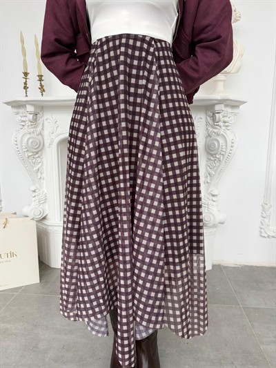 Kahverengi Ekose Desenli Astarlı Tül Etek