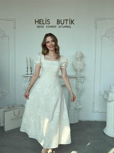 Kare Yaka Balon Kol Brode Elbise - Bej