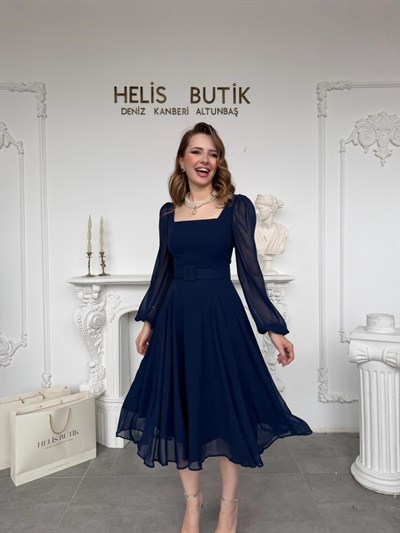 Kare Yaka Kemerli Şifon Elbise - Lacivert Davet Elbisesi