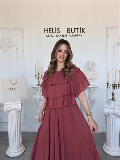 Kat Kat Fırfırlı Şifon Bluz Etek Takım - Gül Kurusu