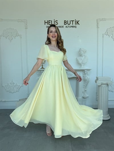 Kelebek Kol Sırtı Korse Bağlamalı Elbise - Sarı