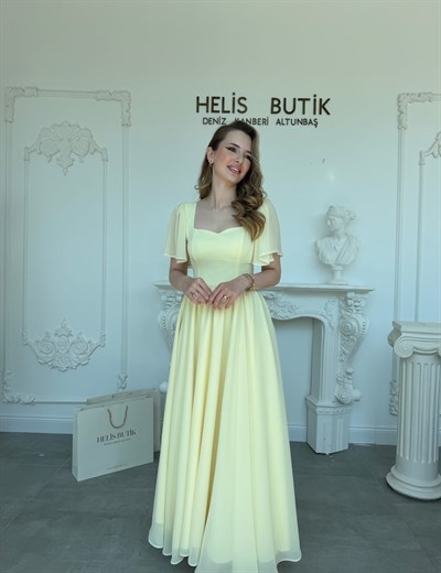 Kelebek Kol Sırtı Korse Bağlamalı Elbise - Sarı