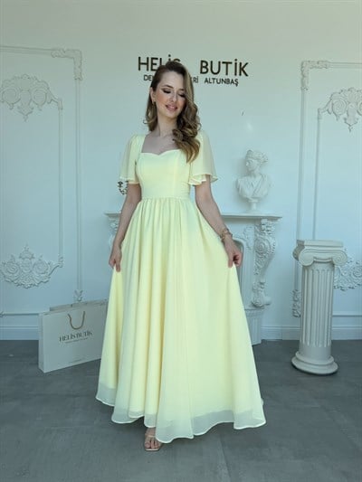 Kelebek Kol Sırtı Korse Bağlamalı Elbise - Sarı