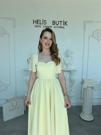 Kelebek Kol Sırtı Korse Bağlamalı Elbise - Sarı