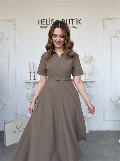 Kemerli Gömlek Yaka Çan Etekli Elbise - Haki