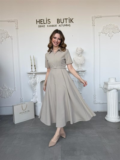 Kemerli Gömlek Yaka Çan Etekli Elbise - Taş