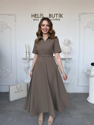 Kemerli Gömlek Yaka Çan Etekli Elbise - Haki