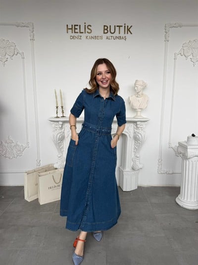Kemerli Jean Elbise - Yan Cep Detaylı Denim Maxi Boy Elbise