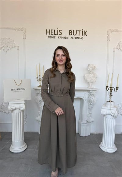Kemerli Premium Pamuk Gömlek Elbise - Haki