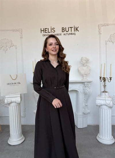 Kemerli Premium Pamuk Gömlek Elbise - Kahve
