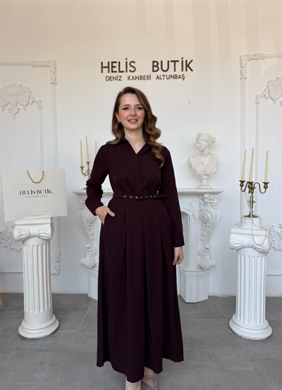 Kemerli Premium Pamuk Gömlek Elbise - Mürdüm